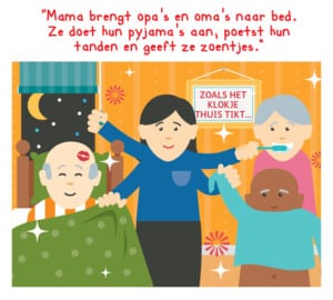 Illustratie van een moeder die opa's en oma's naar bed brengt en tanden poetst en zoentjes geeft