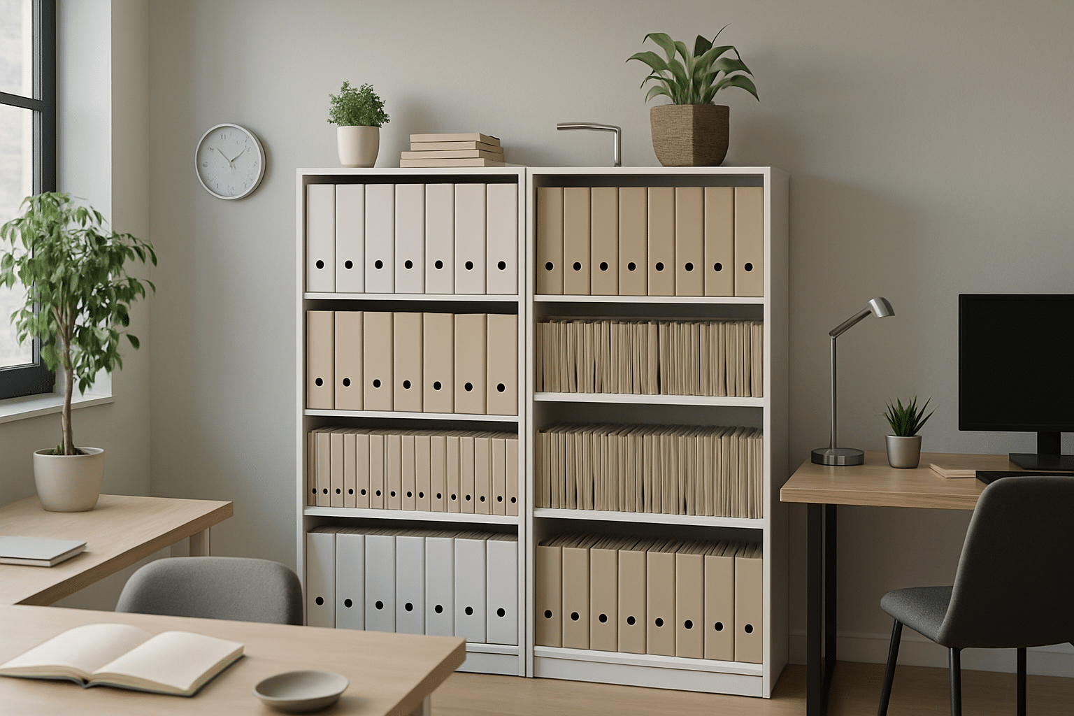 Een nette kantoorruimte met moderne archiefkast en documenten