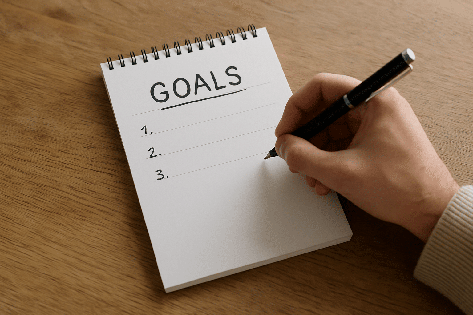 Een hand schrijft doelenlijst met een blauwe pen