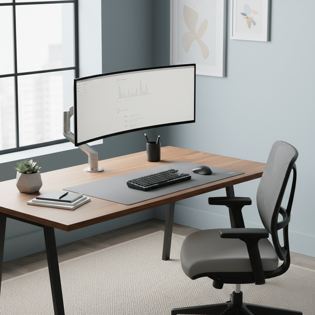 Moderne werkplek met ergonomische monitorarm en opgeruimd bureau