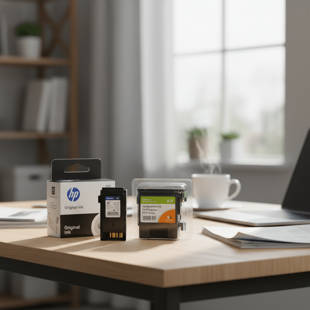 Originele en compatibele inktcartridges naast elkaar op bureau