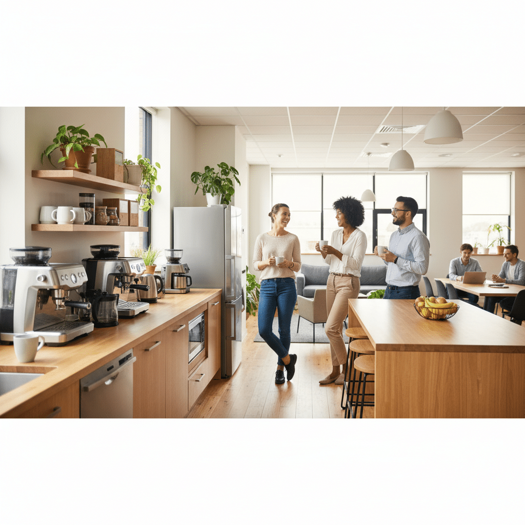 Kantoorkeuken waar collegas koffie en thee drinken Afbeelding
