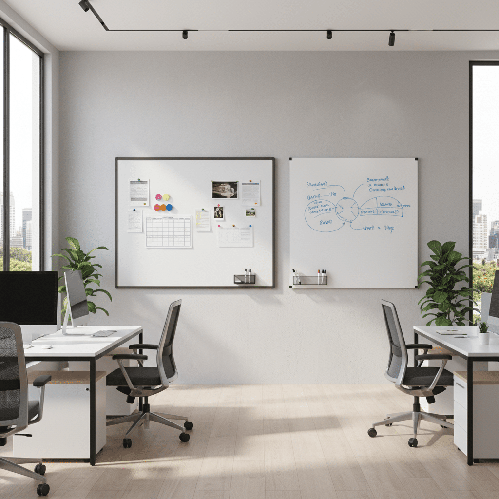 Magnetisch en nietmagnetisch whiteboard naast elkaar kantoor Afbeelding