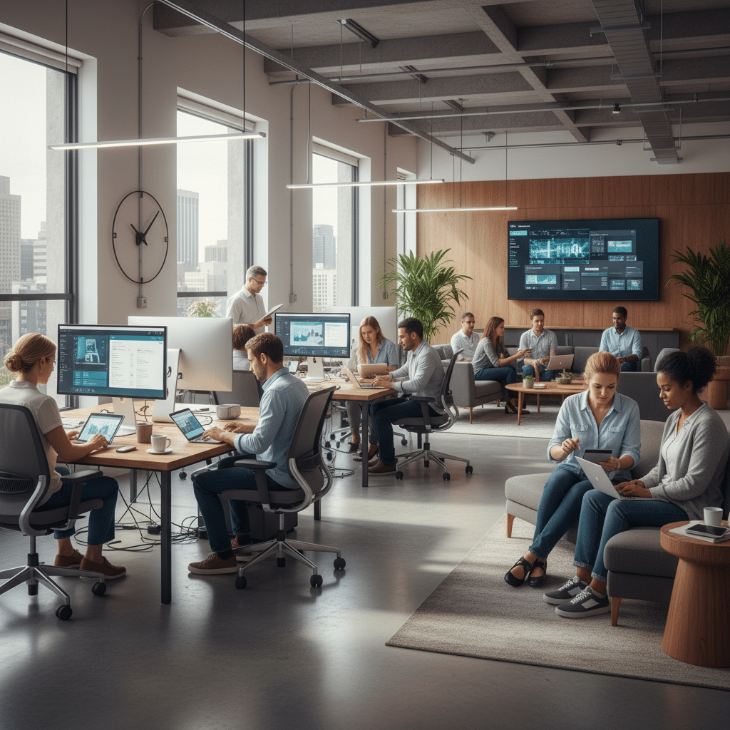 Modern kantooromgeving met digitale hulpmiddelen voor medewerkers Afbeelding