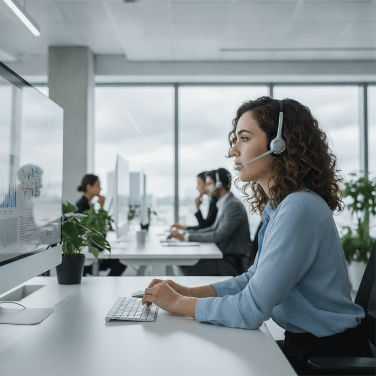 Werknemer in gesprek met headset in kantooromgeving Afbeelding