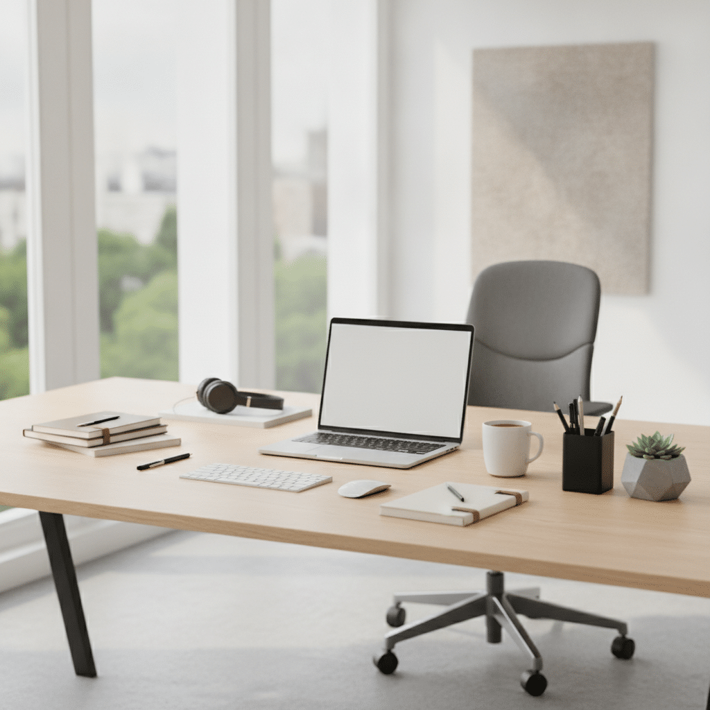 Een moderne kantoorruimte met diverse kantoorartikelen op bureau