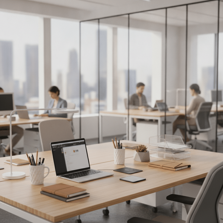 Een georganiseerde werkplek met moderne kantoorartikelen op bureau