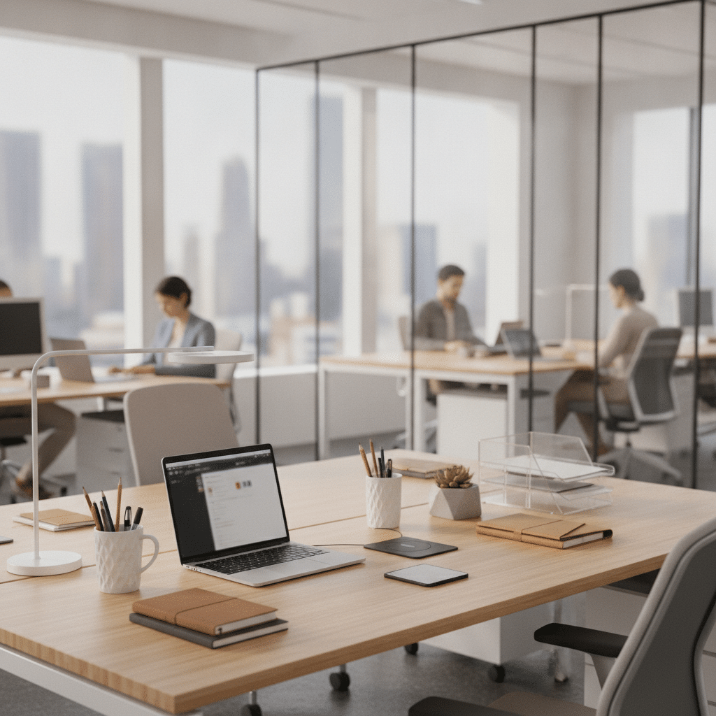 Een georganiseerde werkplek met moderne kantoorartikelen op bureau