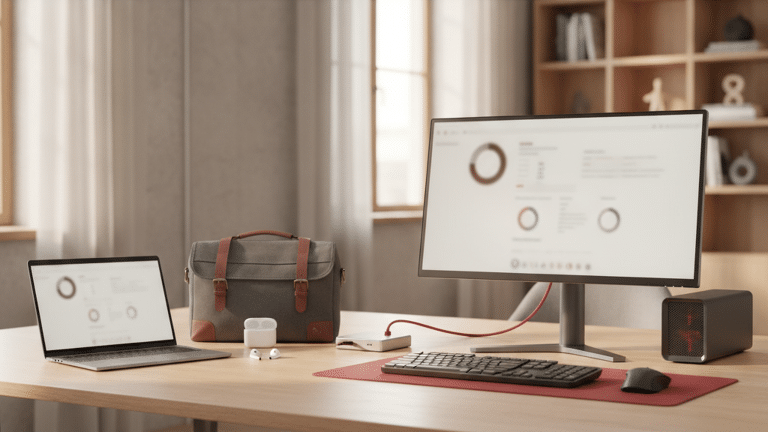 Modern workspace featuring a lightweight laptop, slim bag, and wireless earbuds, contrasting with a traditional desktop setup.