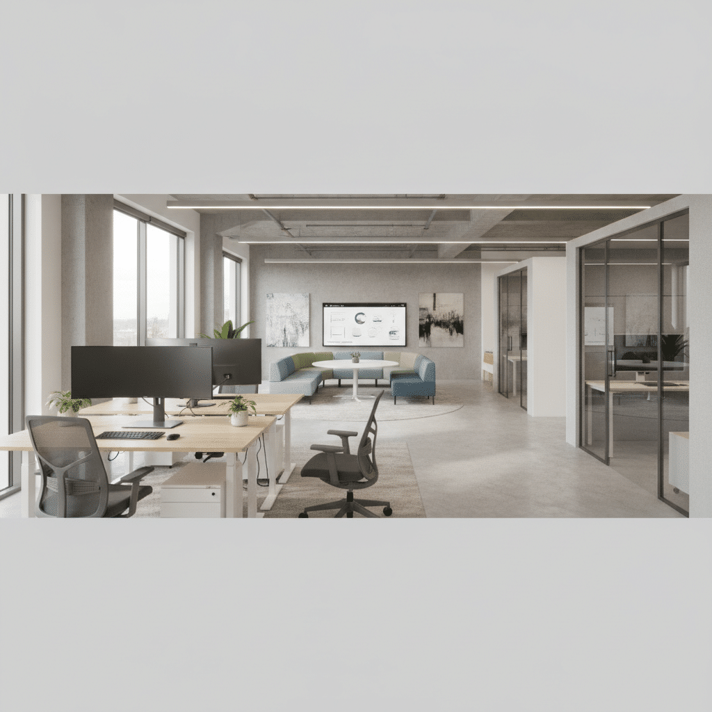 Hybride werkplek met moderne technologie en ergonomische meubels