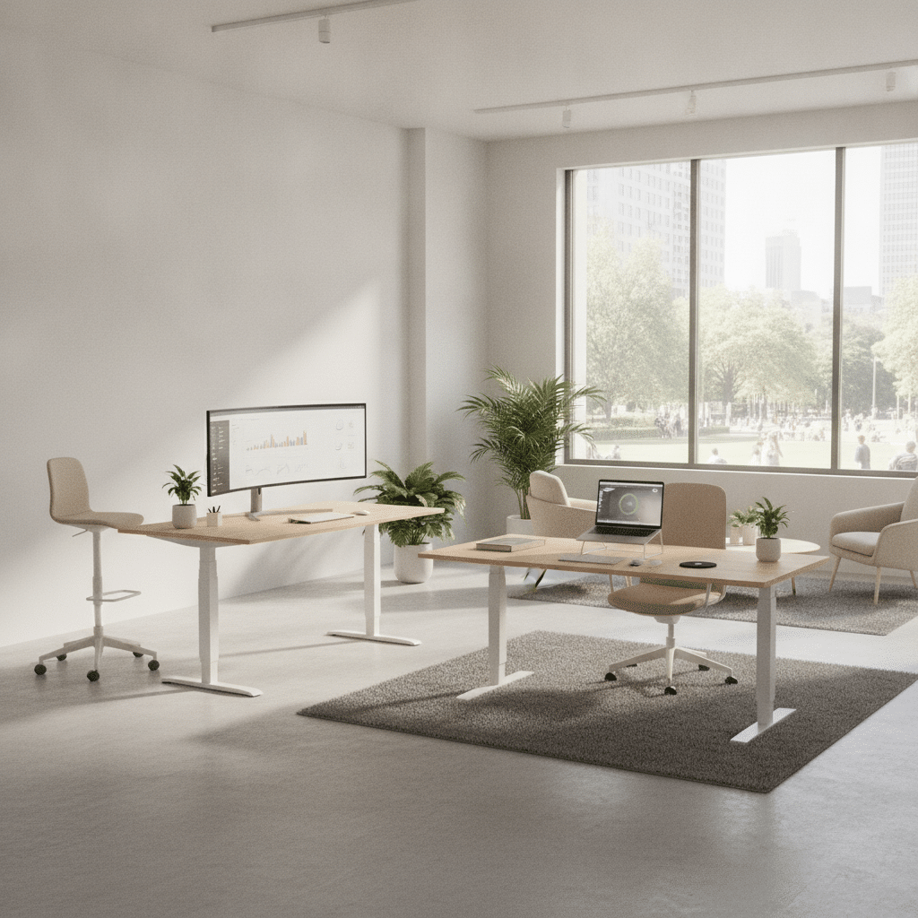 Moderne werkplek met sta en zitbureau in lichte