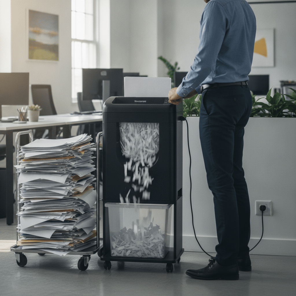 Kantoormedewerker vernietigt documenten met een efficiënte papierversnipperaar Afbeelding